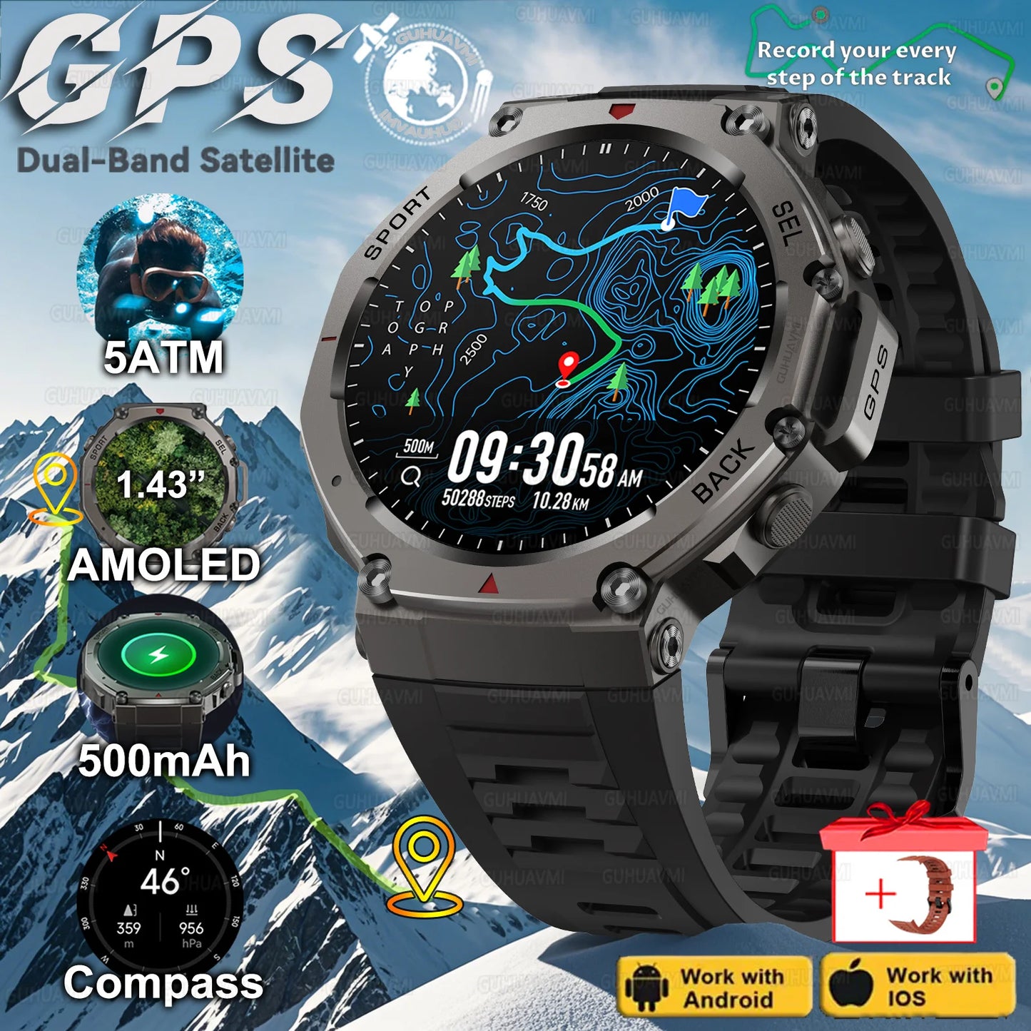 VWAR T-Rex 3 GPS Smart Watch 5 ATM Waterproof Built-in Dual-band GNSS Compass Military Sport Smartwatch 2025 New