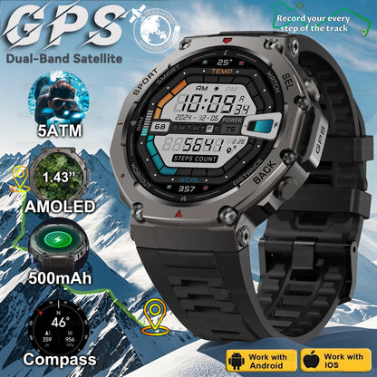 VWAR T-Rex 3 GPS Smart Watch 5 ATM Waterproof Built-in Dual-band GNSS Compass Military Sport Smartwatch 2025 New