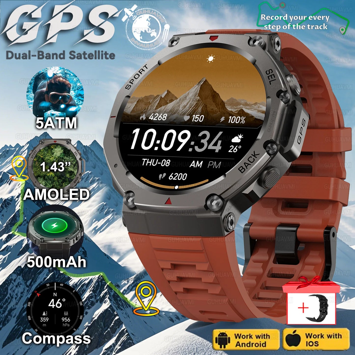 VWAR T-Rex 3 GPS Smart Watch 5 ATM Waterproof Built-in Dual-band GNSS Compass Military Sport Smartwatch 2025 New