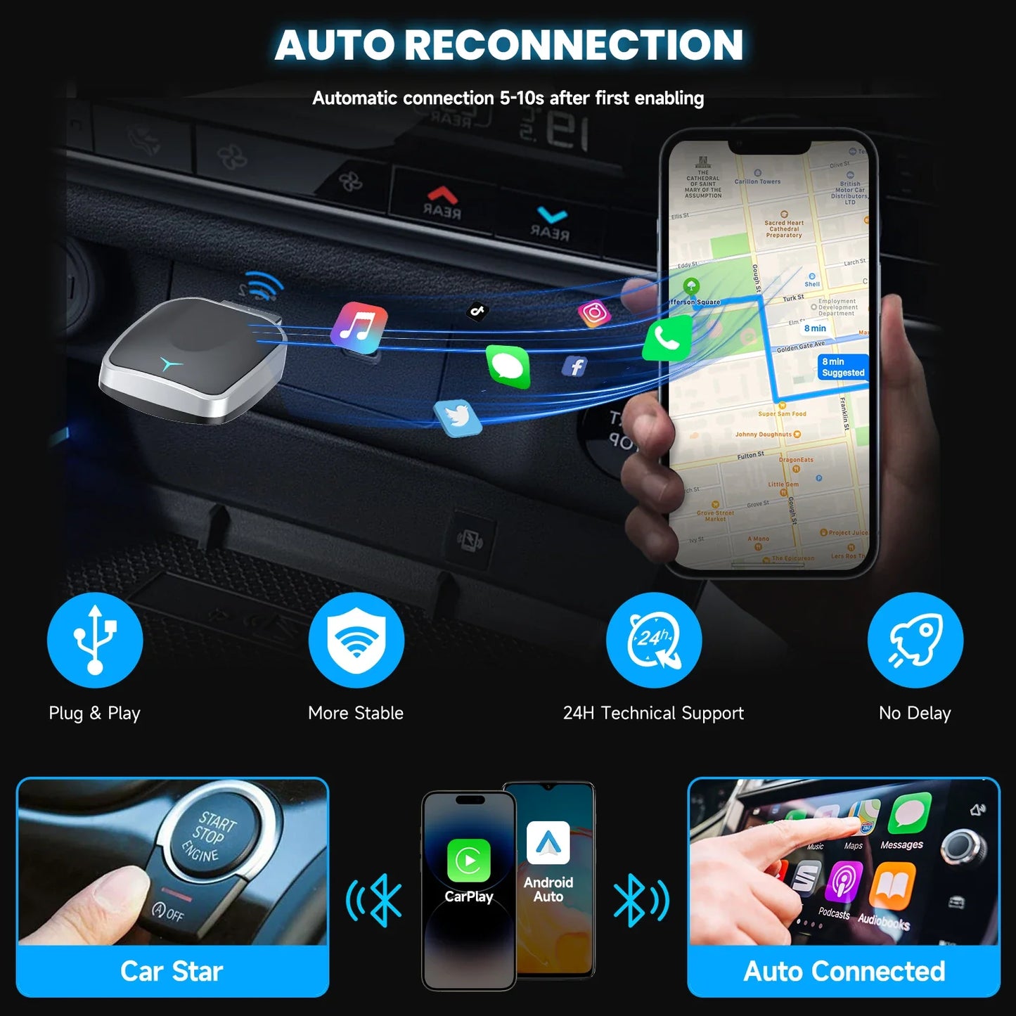 Plug & Play Wired to Wireless CarPlay Adapter & Android Auto Wireless Adapter